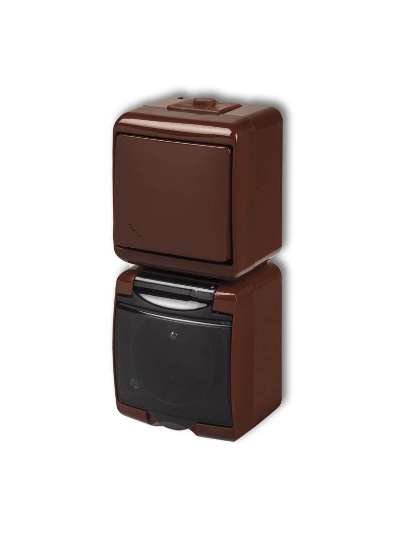 JUNIOR Łącznik schodowy z gniazdem pojedynczym z uziemieniem 2P+Z (klapka dymna; bez przesłon) brązo