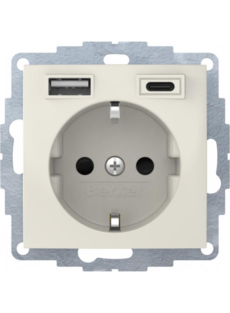 B.Kwadrat Gniazdo SCHUKO z ładowarką USB A+C 2.4/3.0 A; samozaciski; krem połysk