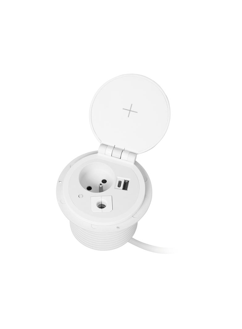 Gniazdo meblowe O8cm wpuszczane w blat z ładowarką indukcyjną, ładowarką USB z 2 gniazdami A i C, pr OR-GM-9015/W ORNO