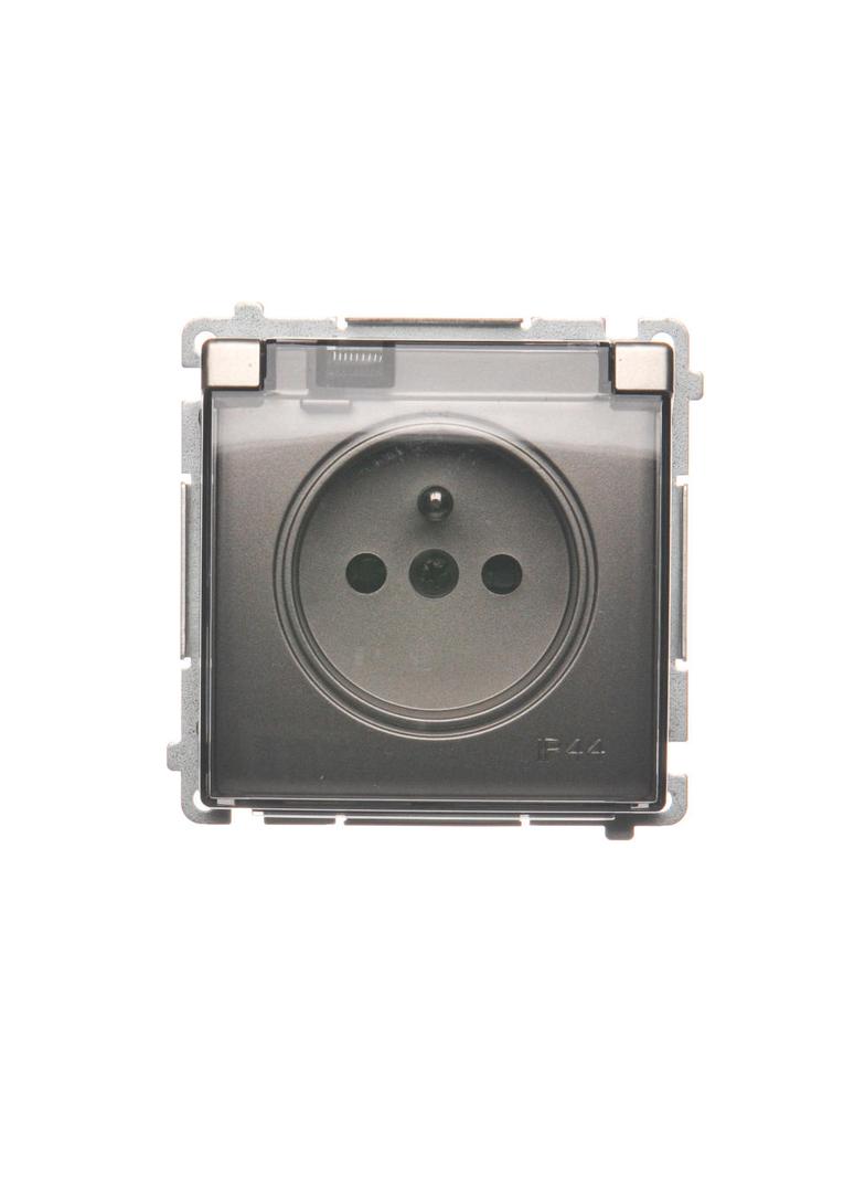 Simon Basic Gniazdo wtyczkowe z uziemieniem z przesł. torów prądowych bryzgoszczelne IP44 16A 250V zaciski śrubowe klapka transp. satynowy BMGZ1BZ.01/29A BMGZ1Bz.01/29a KONTAKT