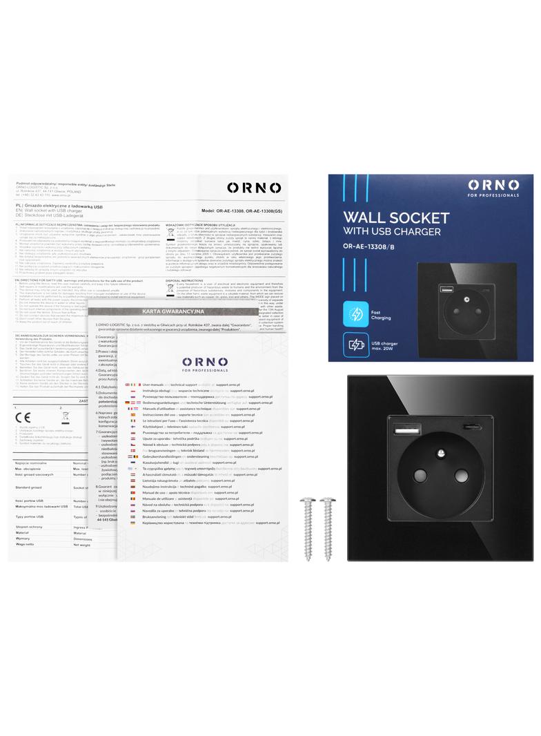 Gniazdo pojedyncze 2P+Z, USB-A + USB-C, PD, max. 20W, czarny OR-AE-13308/B ORNO