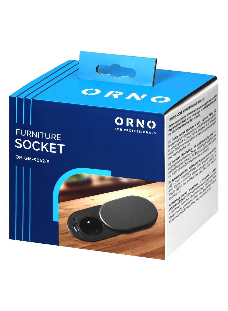 Gniazdo meblowe O6cm, wpuszczane w blat z przesuwną pokrywką, ładowarką USB i przewodem 1,9m, 1x2P+Z