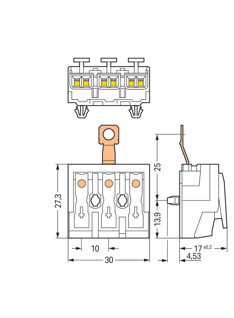 złączka zasilająca 3-biegunowa ze stopkami ze styk. PE