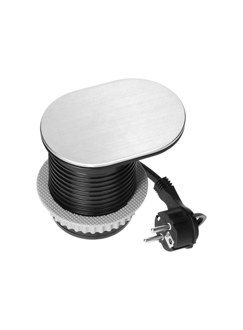 Gniazdo meblowe O6cm, wpuszczane w blat z przesuwną pokrywką, ładowarką USB i przewodem 1,9m, 1x2P+Z