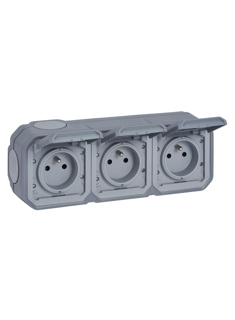 NOWE PLEXO - GNIAZDO 3X2P+Z POZIOME KOMPLET NATYNKOWY 16 A - 250 V~ SZARE