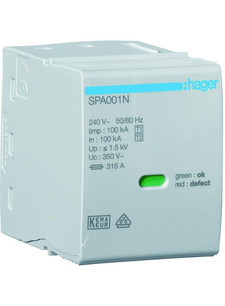 SPD Moduł T1 1P sieć TT(N-PE) Iimp=100kA In=100kA Up?1,5kV SPA001N HAGER