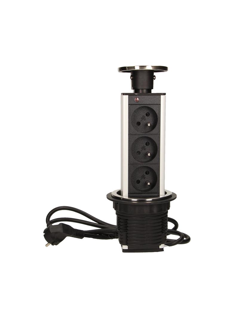 Gniazdo meblowe O8cm wysuwane z blatu z przewodem 1,8m, 3x2P+Z, INOX