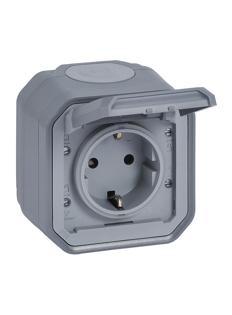 NOWE PLEXO - GN. SCHUKO 2P+Z ZACISKI ŚRUB KOMPLET NATYNKOWY 16A-250V~ SZARE