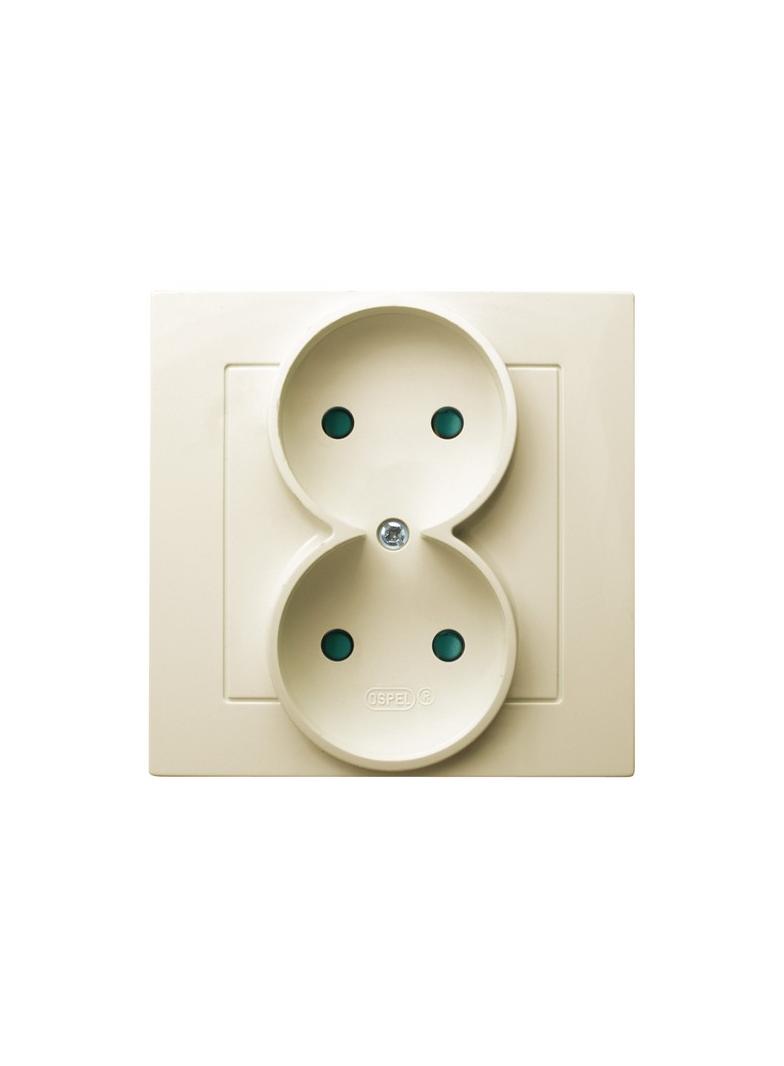 AS Gniazdo podwójne z przesłonami torów prądowych, kompletne z ramką - kolor ecru