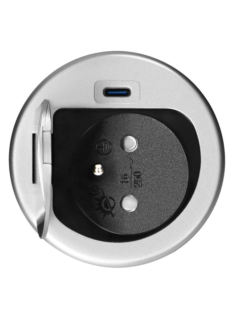 Gniazdo meblowe O6cm wpuszczane w blat z pokrywką, ładowarką USB i przewodem 1,9m, 1x2P+Z (French),