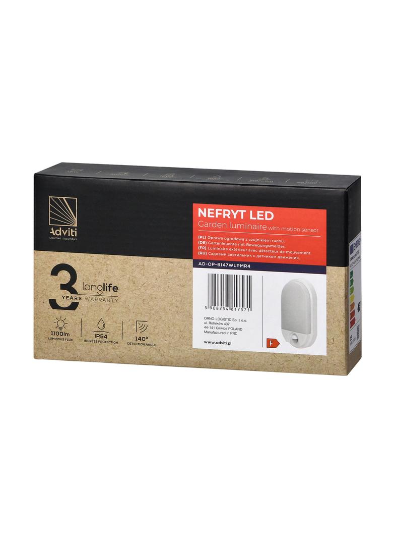 NEFRYT LED 15W, oprawa ogrodowa z czujnikiem ruchu, 1100lm, IP54, 4000K, biała AD-OP-6147WLPMR4 ORNO