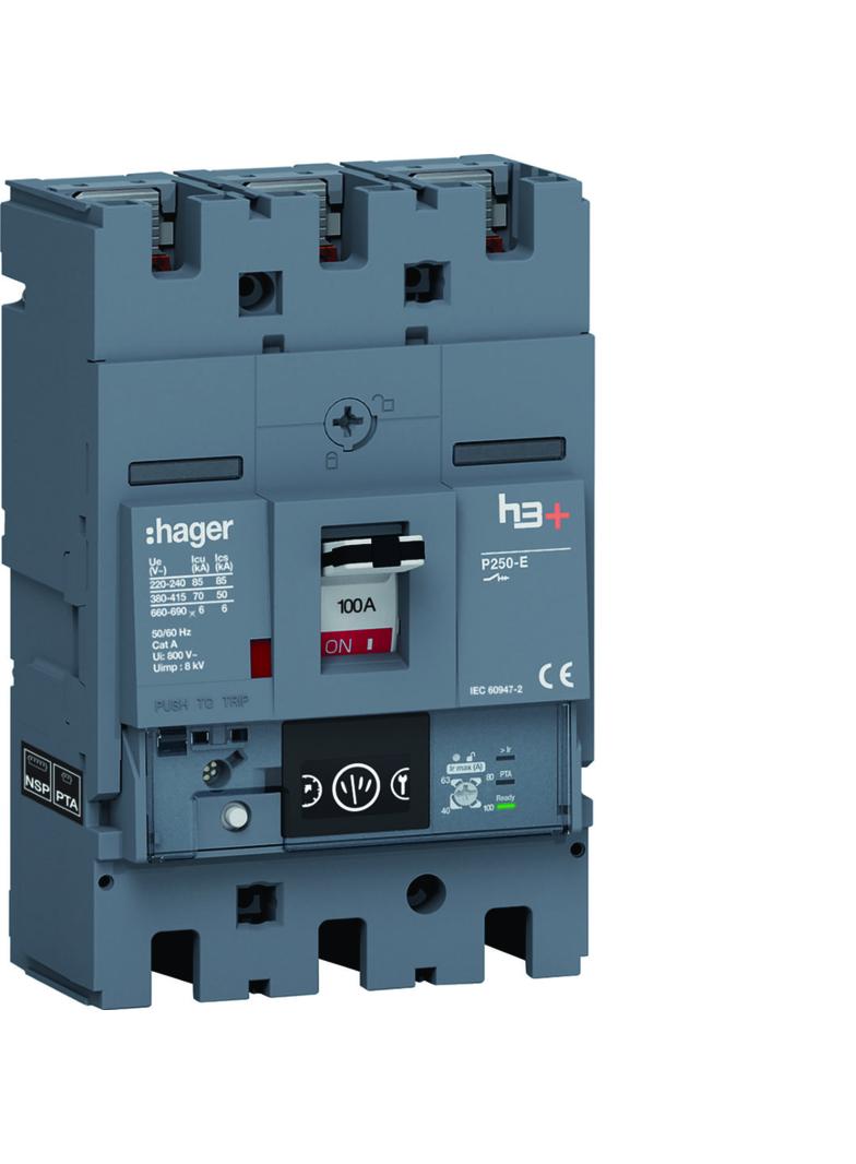 MCCB Wyłącznik mocy h3+ P250 3P 100A 70kA Energy HET100NR HAGER