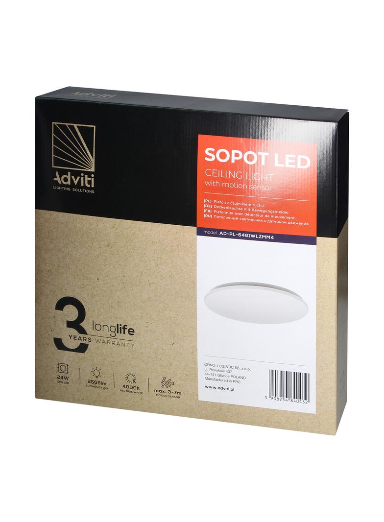 SOPOT plafon LED 24W z mikroflowym czujnikiem ruchu, 2565 lm, 4000K, klosz PVC, IP20