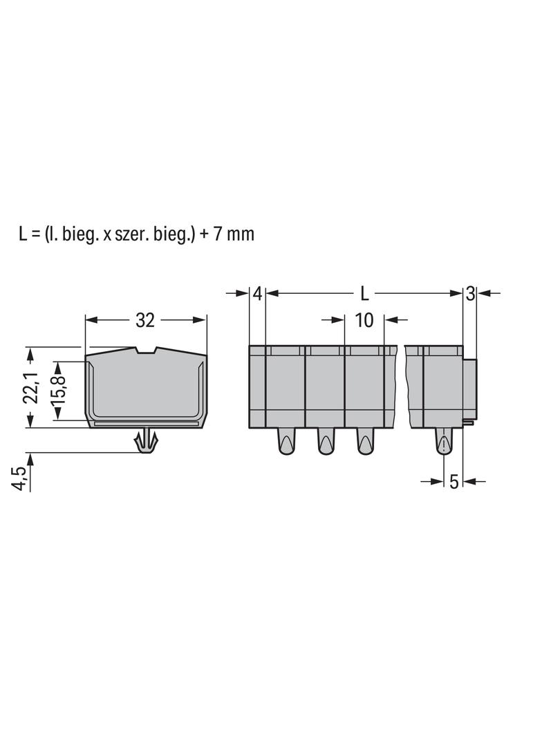 listwa zaciskowa 4-przewodowa 2,5mm2 12-torowa szara stopki montażowe /25szt./ WAGO