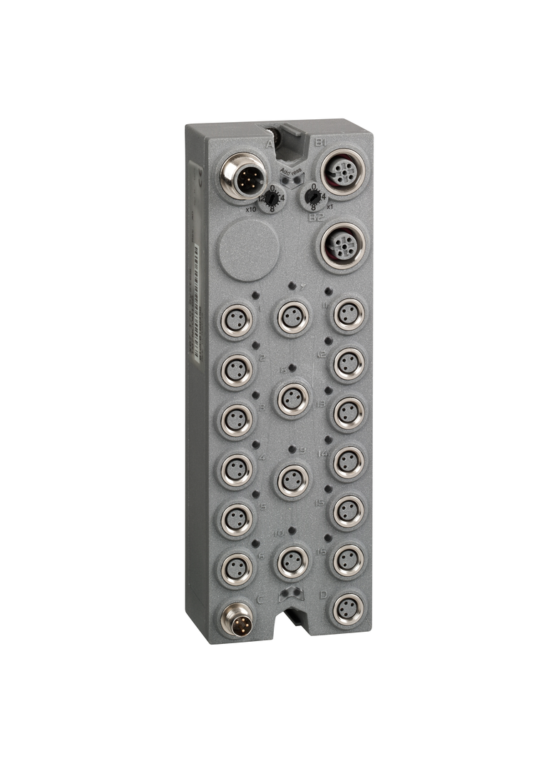 Modicon TM7, blok interfejsu CANopen, 16 wejść typu sink, 16 wyjść typu source, złącza M8