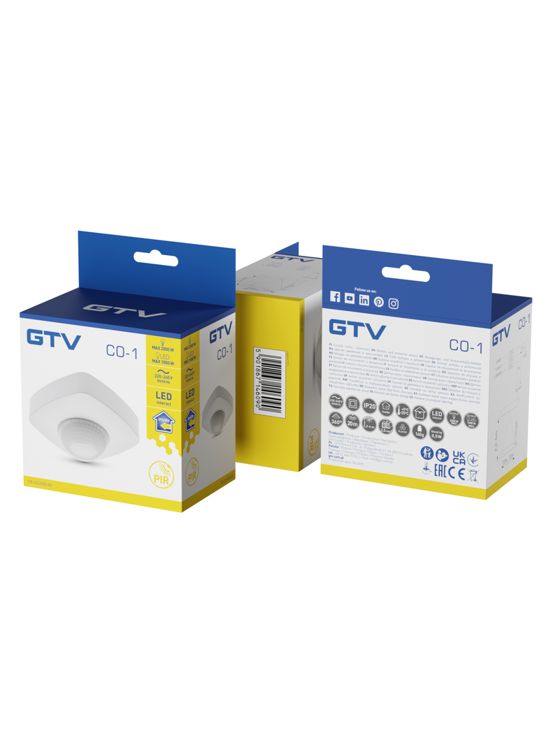 CZUJNIK RUCHU I OBECNOŚCI CO-1, MAX 2000W, AC220-240V, 50/60HZ, KĄT DZIAŁANIA 360*, ZASIĘG 20M ± 2,2