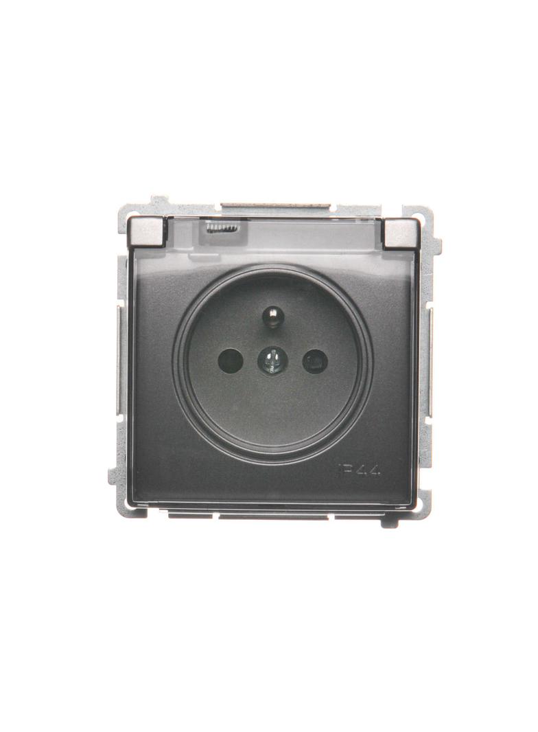 Simon Basic Gniazdo wtyczkowe z uziemieniem z przesł. torów prądowych bryzgoszczelne IP44 16A 250V zaciski śrubowe klapka transp. stal inox BMGZ1BZ.01/21A BMGZ1Bz.01/21a KONTAKT