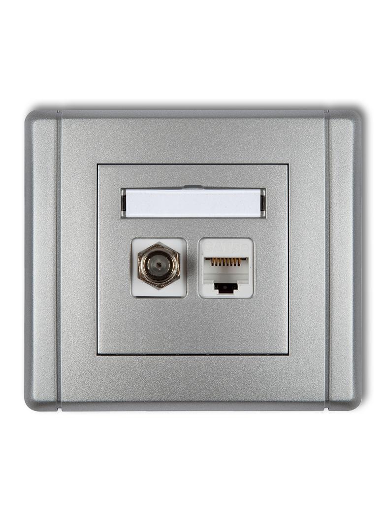 FLEXI Gniazdo antenowe poj. typu F (SAT) + gniazdo komp. poj. 1xRJ45, kat. 6, 8-stykowe srebrny meta