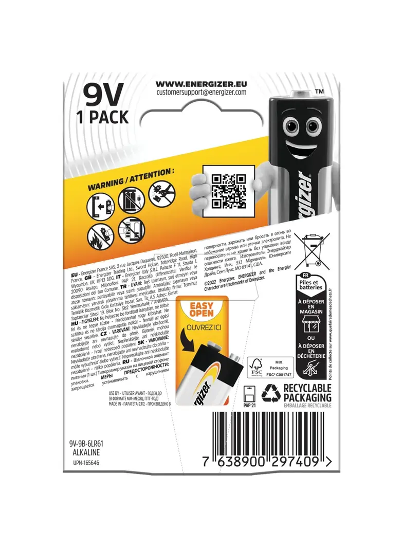 BATERIA ENERGIZER ALKALINE POWER 9V 6LR61 /1 sztuka 7,6389E+12 SELVISTA