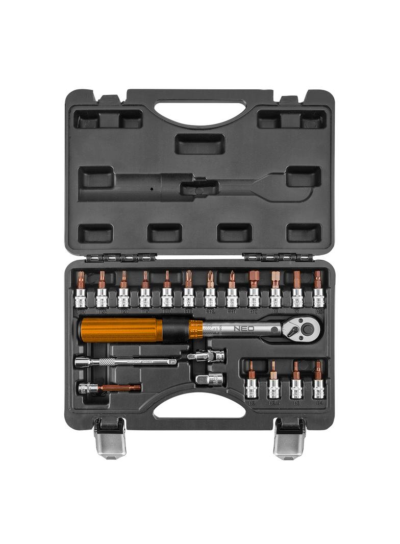 Klucz dynamometryczny dwukierunkowy 1/4", 5-25Nm, zestaw 21 szt.