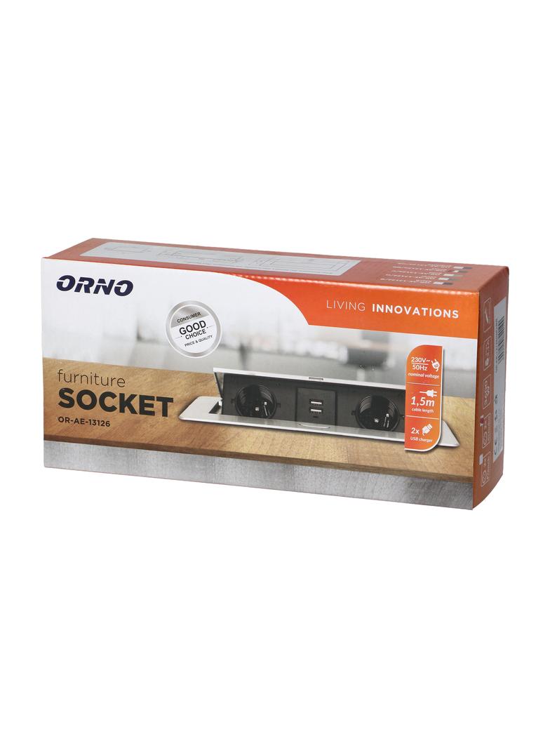Gniazdo meblowe wpuszczane w blat z płaskim frezowanym rantem ładowarką USB i przewodem 1,5m 2x2P+ O