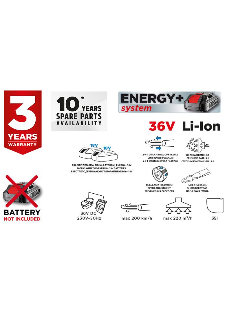 Odkurzacz ogrodowy akumulatorowy Energy+ 36V Li-lon, 2w1, pojemność worka 35L, bez akumulatora
