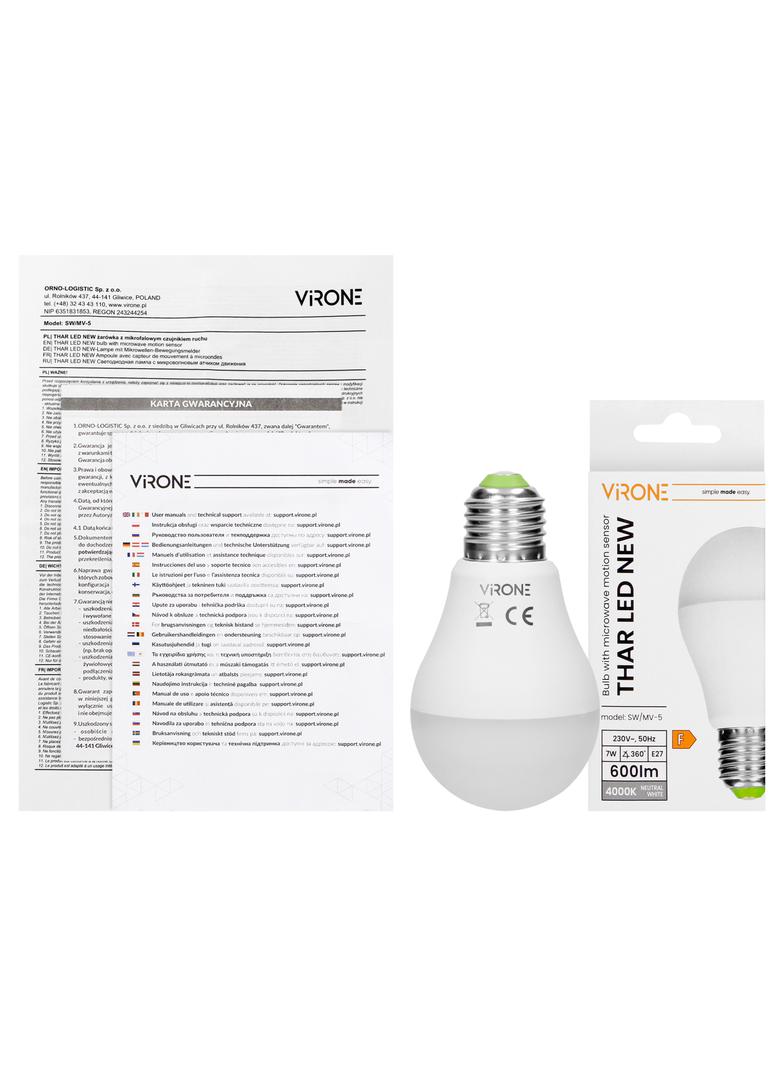 THAR LED 7W A60 żarówka z mikrofalowym czujnikiem ruchu 825lm 4000K E27 SW/MV-5 ORNO