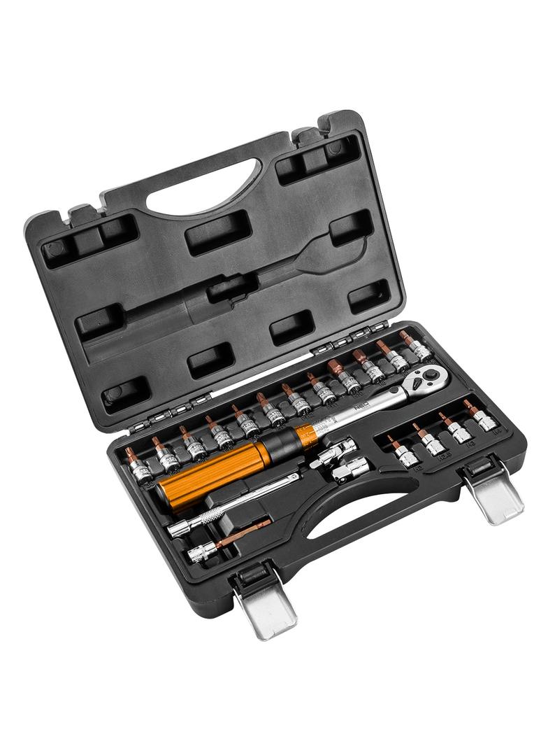 Klucz dynamometryczny dwukierunkowy 1/4", 5-25Nm, zestaw 21 szt.