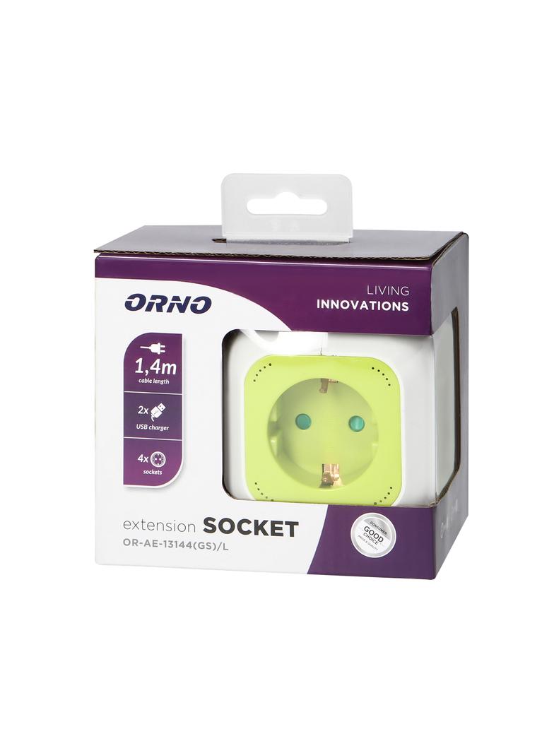 Przedłużacz Kostka 4x2P+Z(Schuko) ładowarka 2xUSB 1,4m H05VV-F 3x1,5mm2 limonkowy OR-AE-13144(GS)/L