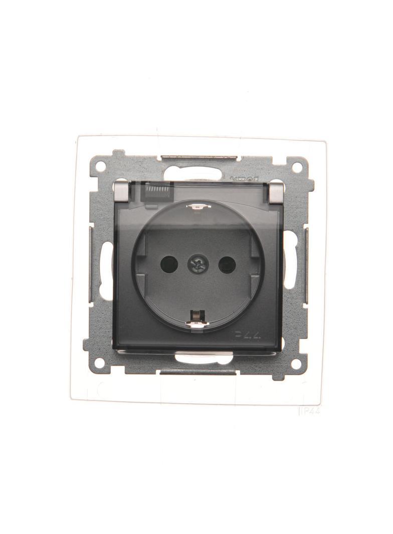 Simon 54 Gniazdo Schuko IP44 z przesłonami z uszczelką ramki 16A z. śrub. klapka transp. srebrny mat