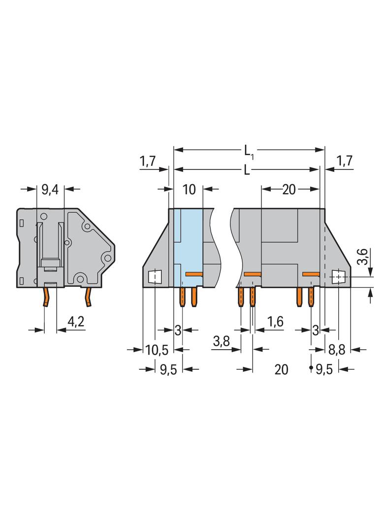 listwa zaciskowa do pł. drukowanych 2-bieg. szara raster 20 mm
