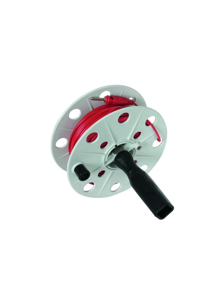 Bęben na przewód pomiarowy szer. 40 mm, przewód czerwony 50 m, tworzywo kolor szary