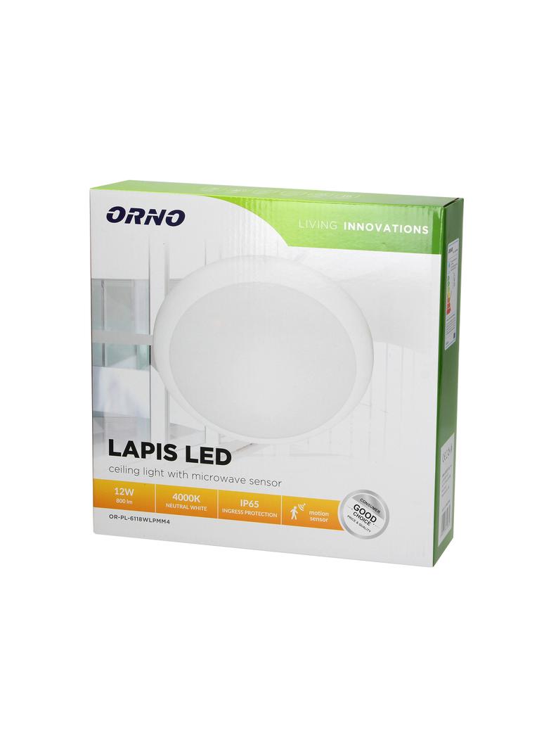 LAPIS LED 12W, plafon oświetleniowy z mikrofalowym czujnikiem ruchu, 800lm, IP65, 4000K, IK10, poliw AD-PL-6118WLPMM4 ORNO