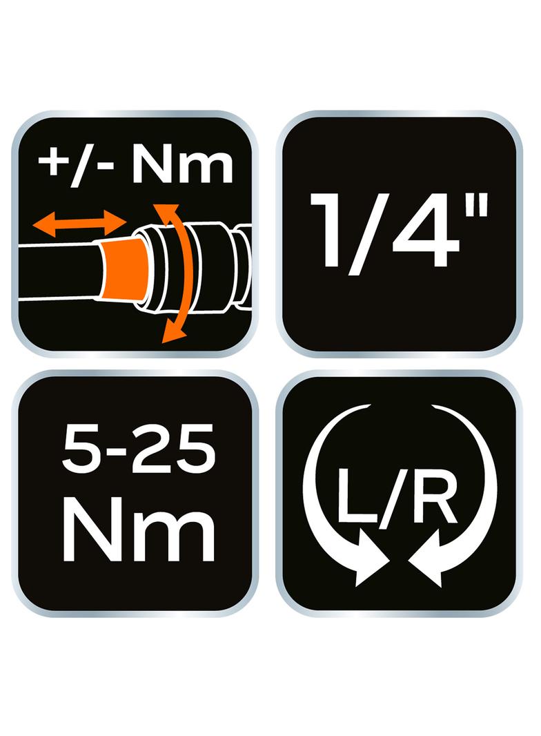 Klucz dynamometryczny dwukierunkowy 1/4", 5-25Nm, zestaw 21 szt.