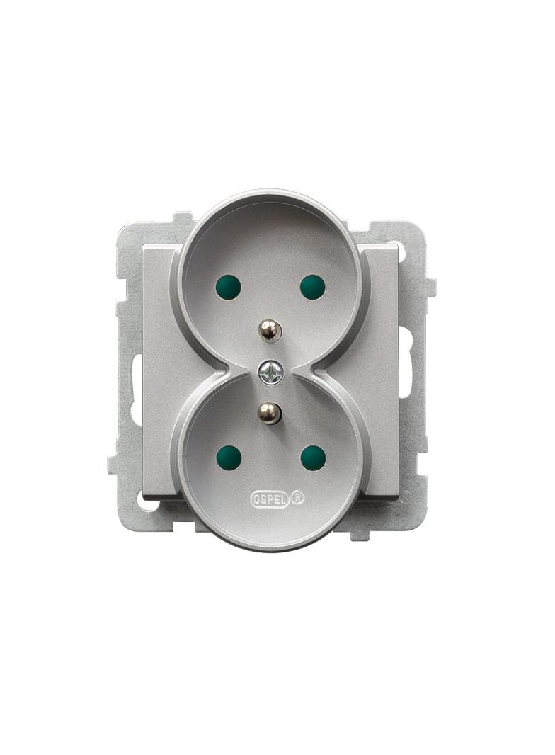 SONATA Gniazdo podwójne z uziemieniem z przesłonami torów prądowych, moduł bez ramki - kolor srebro