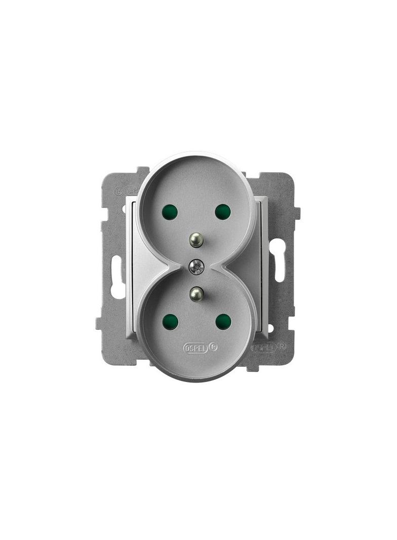 ARIA Gniazdo podwójne z uziemieniem z przesłonami torów prądowych, moduł bez ramki - kolor srebro GP