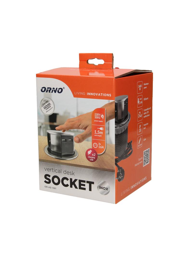 Gniazdo okrągłe wysuwane z blatu 3x250V AC +2xUSB z przewodem 1,5m, INOX