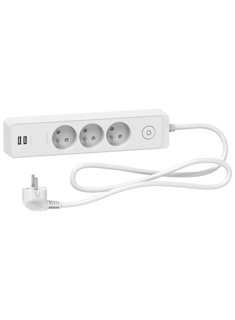 Odace, przedłużacz 3-gniazdowy z łącznikiem 2xUSB, 1,5m biały