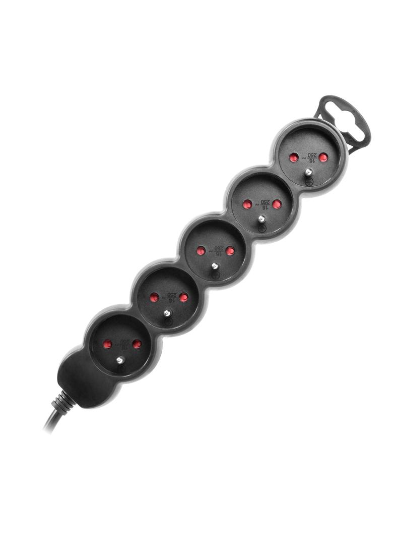 Przedłużacz 5-krotny 2P+Z, 1,5m H05VV-F 3x1,5mm2 , Imax=16A, płaska wtyczka, czarny