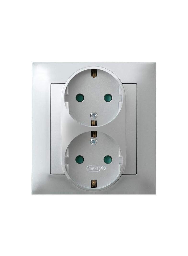 IMPRESJA Gniazdo podwójne z uziemieniem schuko z przesłonami torów prądowych kompletne z ramką kolor srebro GP-2YSP/18 OSPEL