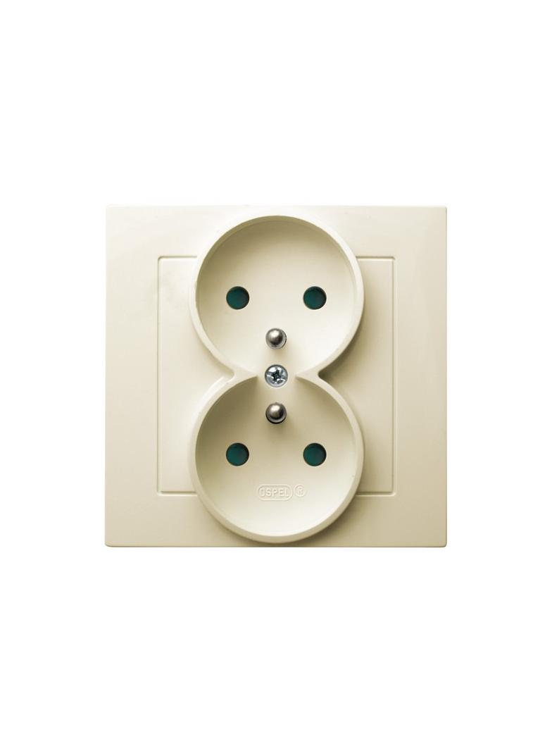 AS Gniazdo podwójne z uziemieniem z przesłonami torów prądowych, kompletne z ramką - kolor ecru