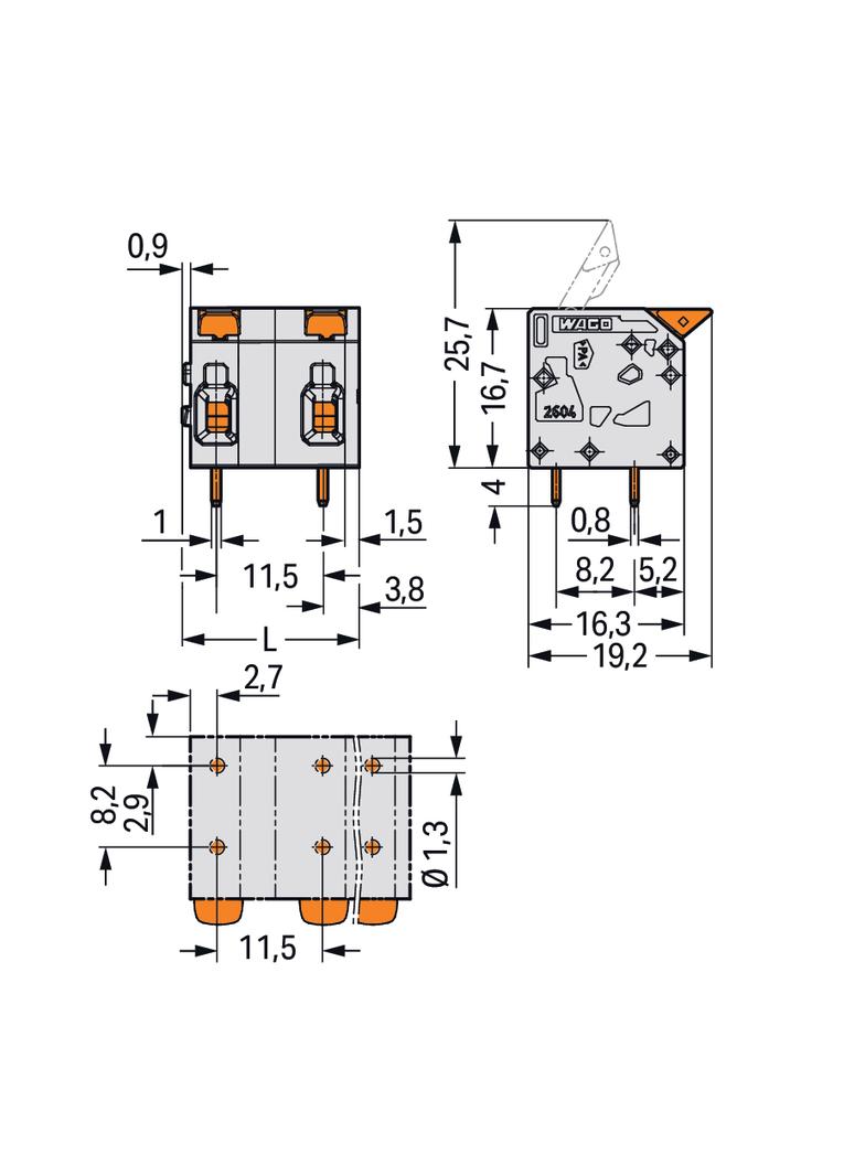 Złączka do płytek drukowanych dźwignia 4mm2 raster 11,5mm 4-bieg szara /50szt./ 2604-1504 WAGO