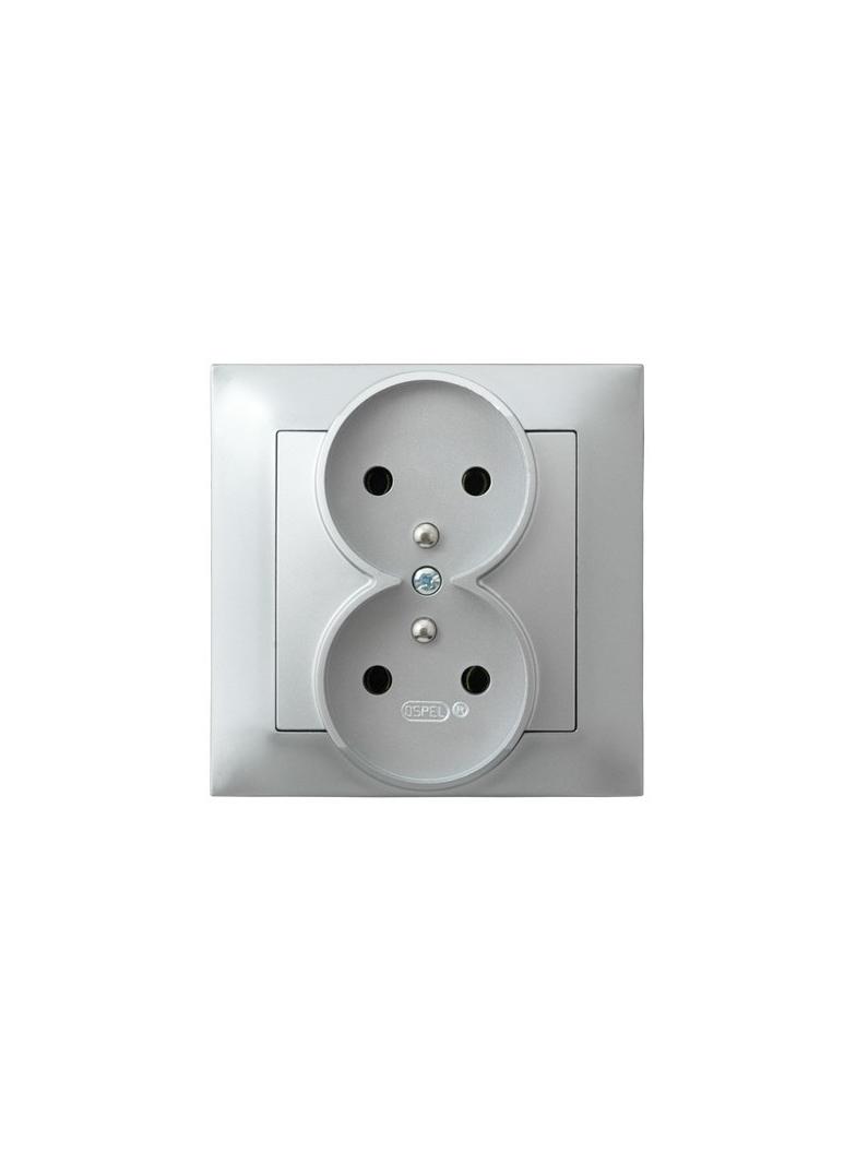 IMPRESJA Gniazdo podwójne z uziemieniem kompletne z ramką - kolor srebro