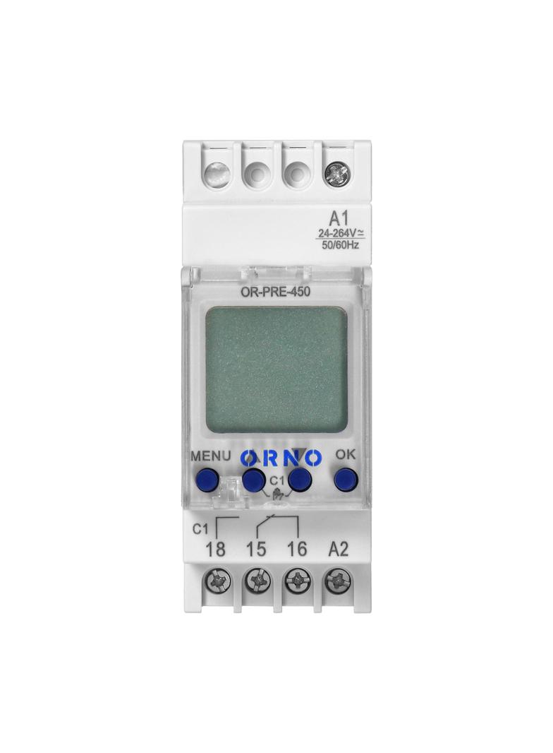 Elektroniczny programator czasowy, 100 programów, 3 języki menu, 1 wyjśćie przekaźnikowe 16A/230V, s OR-PRE-450 ORNO