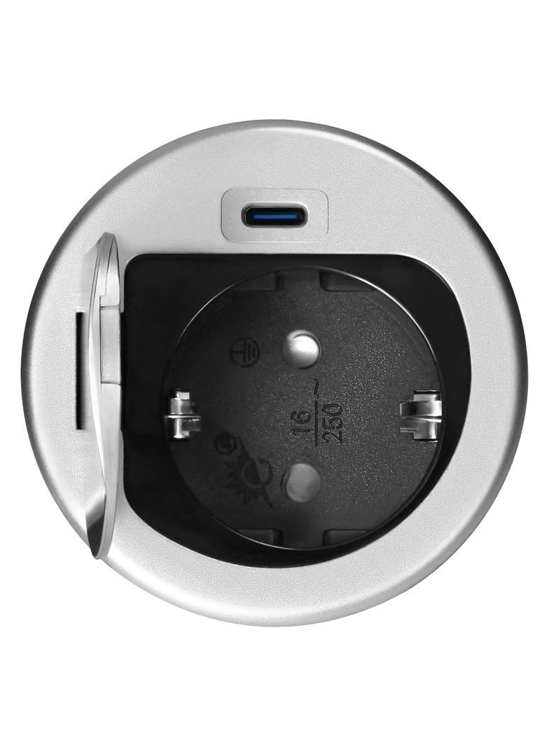 Gniazdo meblowe O6cm wpuszczane w blat z pokrywką, ładowarką USB i przewodem 1,9m, 1x2P+Z (Schuko),