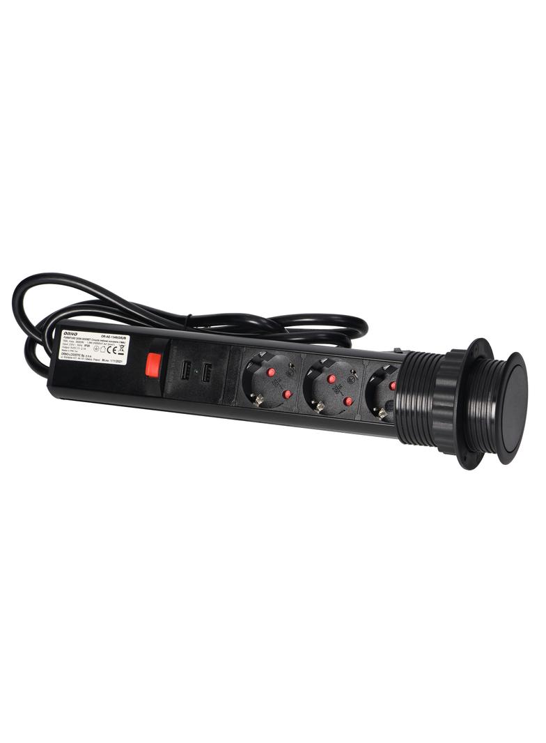 Gniazdo meblowe O6cm wysuwane z blatu z ładowarką USB, blokadą i przewodem 1,8m, 3x2P+Z (Schuko), cz OR-AE-1349(GS)/B ORNO