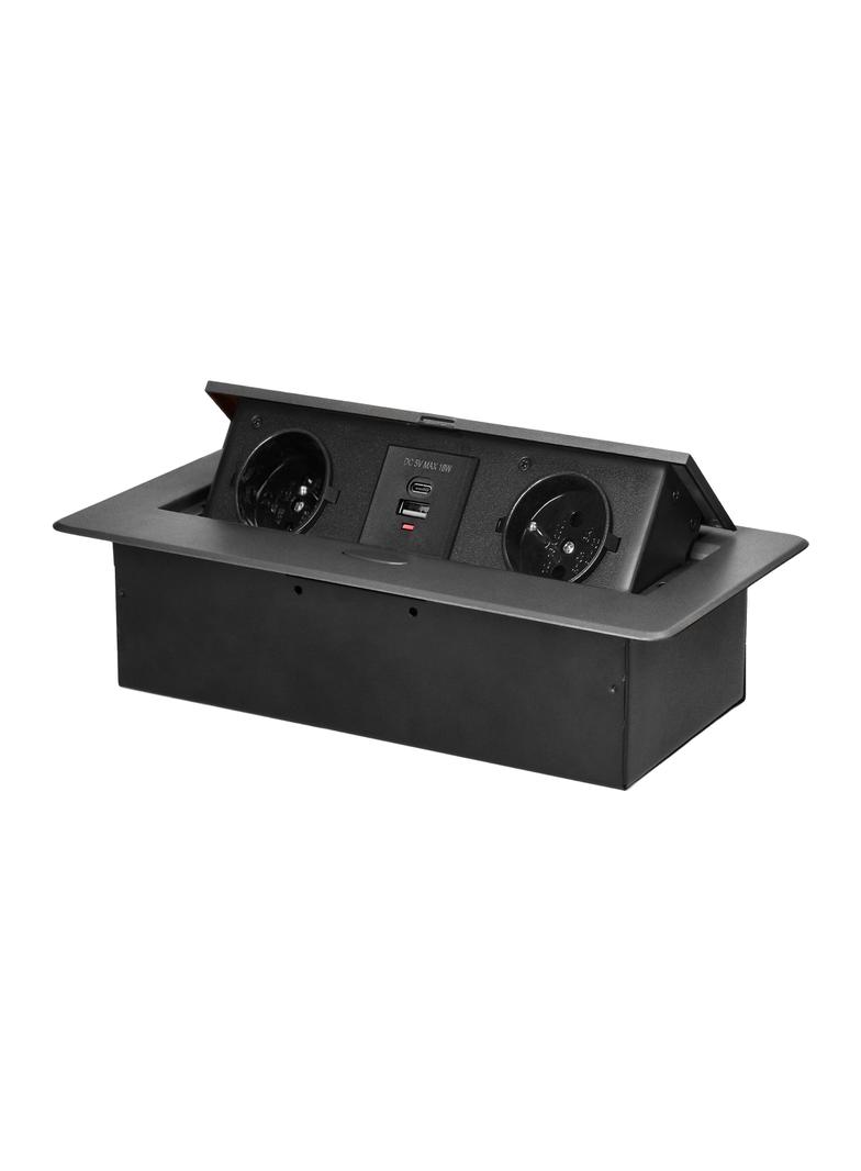 Gniazdo meblowe wpuszczane w blat z płaskim frezowanym rantem i ładowarką USB, 2x2P+Z, 2xUSB (typ A+