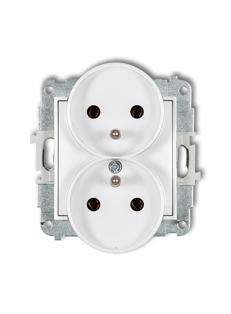 MINI Mechanizm gniazda podwójnego do ramki z uziemieniem 2x(2P+Z) (bez przesłon torów prądowych) bia