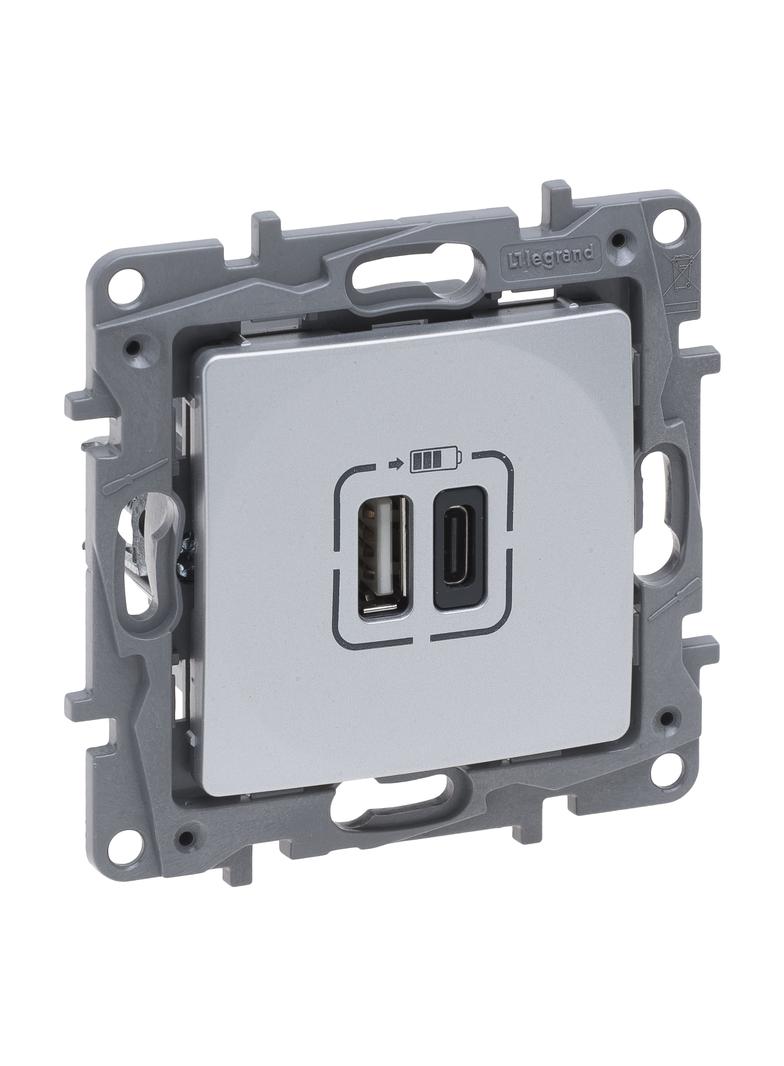 NILOE SELECTION - GNIAZDO 2 X USB TYP A+C - 3 A ALUMINIUM, Legrand