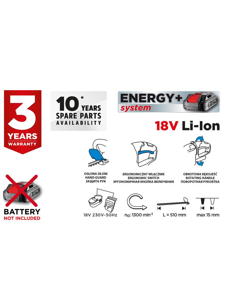 Nożyce do żywopłotu akumulatorowe Energy+ 18V, Li-Ion, szerokość cięcia 510 mm, bez akumulatora